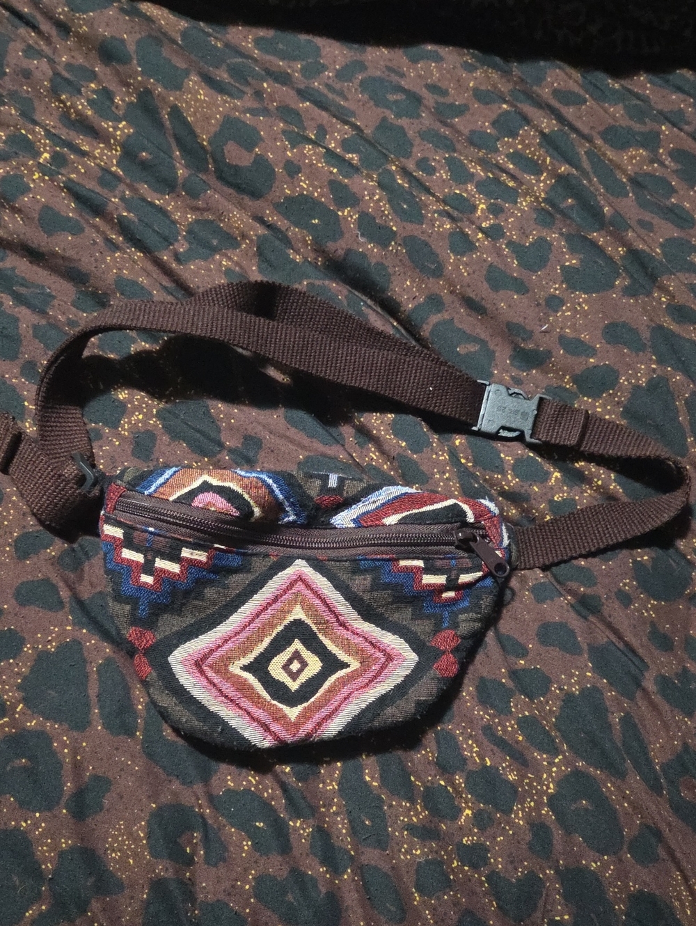 Boho Embroidered Diamond Pattern Waist Bag - Brown